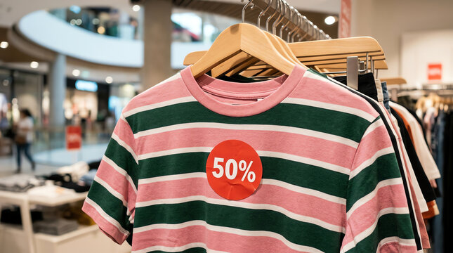 Striped t-shirt on a hanger with a fifty percent off sale tag.