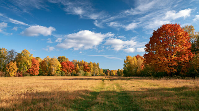 a serene autumn scene. The main subject is a vast field of goldenbrown grass, dotted with a single tree displaying vibrant red and orange leaves.