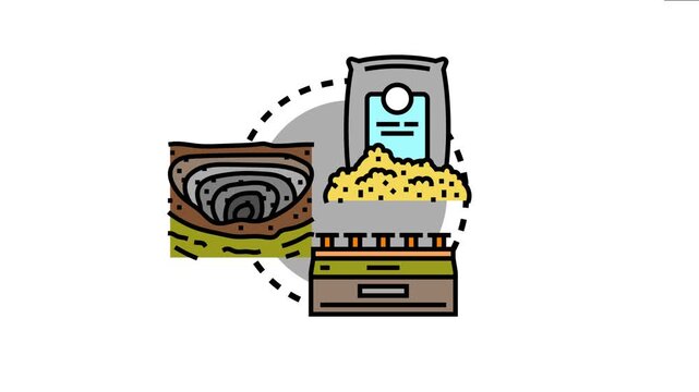 Ore extraction process stages like mining, collecting raw materials, and industrial processing, reflecting resource recovery and mineral refinement