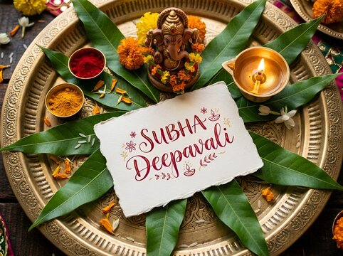 Subha Deepavali Brass Thali Flatlay: Traditional Ganesha Idol, Glowing Brass Diya, Mango Leaves, Kumkum & Festive Greeting Setup for Warm Holiday Wishes and Social Posts