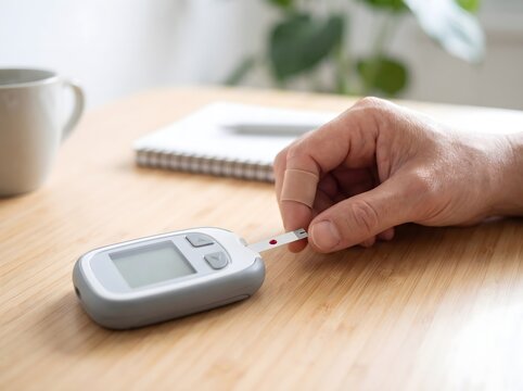 Elderly man testing blood sugar levels using glucose meter at home
