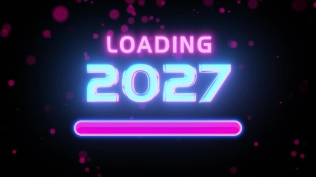 Retro-Futuristic Greeting. Luminous Progress Indicator Charges Amidst Drifting Digital Snow, Transitioning Glowing Numerals to Welcome the Next 2027 Milestone in Vibrant Cyan and Magenta Hues