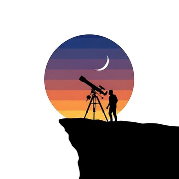 Silhouette of a man with telescope observing the moon from a cliff