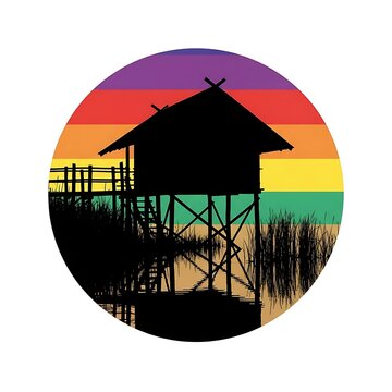 Silhouette of a traditional stilt house against a retro sunset circle