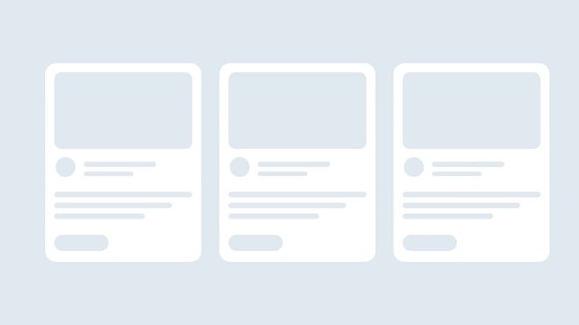 Clean UI card wireframe set, three minimalist website component placeholders, modern user interface layout for dashboard and mobile app design .