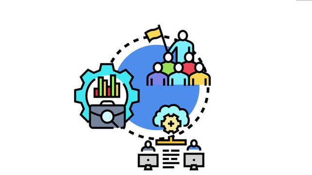 Organization wide viewpoint depicting leaders guiding a team, managing data analysis, and integrating cloud computing for business planning and collective strategy