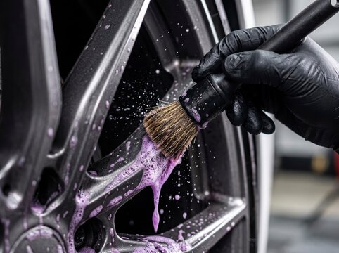 Close-up of a professional car detailer in black gloves cleaning a car alloy rim using a soft detailing brush with purple iron fallout cleaner foam.