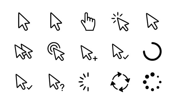 Computer Cursor and Loading Spinner Outline Icon Set for UI UX Design
