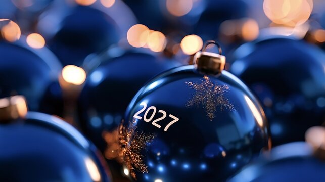 Blue 2027 christmas baubles with snowflake details reflecting warm bokeh lights, glossy metallic shimmer and festive glow for holiday celebrations and new year greetings