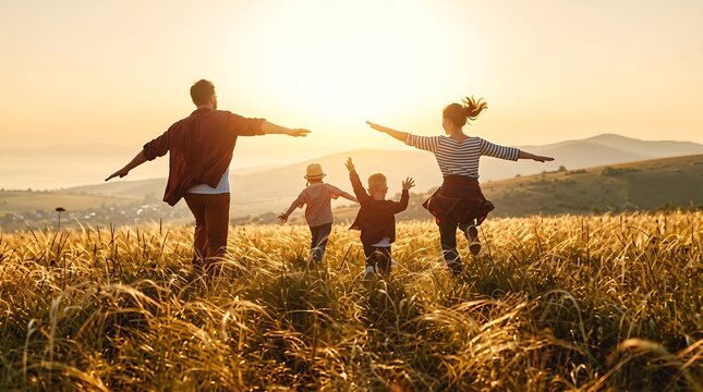Happy family with two children enjoying summer sunset in a golden field, creating a joyful and free moment together.