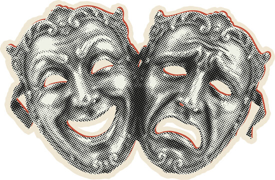 Two theatrical masks representing comedy and tragedy, featuring detailed relief textures and halftone shading, isolated on a white background