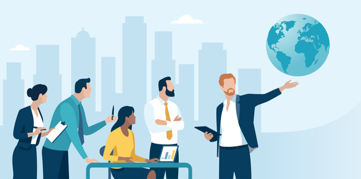 Global trade, investing. Male leader points to a globe. The team is around a table. Business vector illustration. 