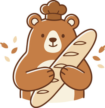Cute bear mascot with baker hat holding bread baguette