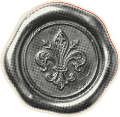 Vintage engraved of a wax seal with a fleur de lis symbol, isolated on a white background, with a halftone, dot texture and outline © MDSUMON