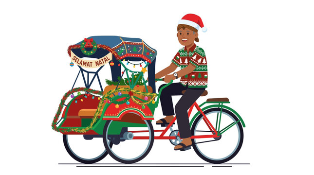 Man in Santa hat riding a festive rickshaw decorated for Christmas celebration