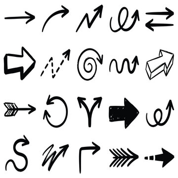 Hand drawn vector arrows set featuring various black sketched pointers and curved symbols for design