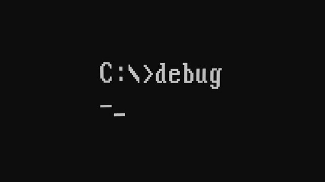 Typing debug command in retro DOS command prompt, old computer black screen with blinking cursor