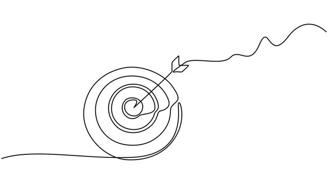 Line arrow continuous art  one drawing target icon direction down. Arrow line continuous finance illustration business growth, Animation video Continuous one line drawing of arrow in center of target.