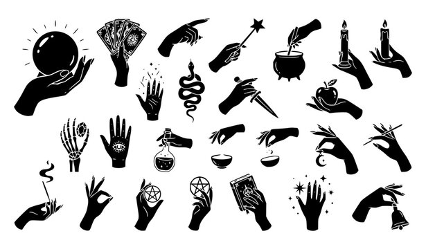 Witchcraft Magic Hand Silhouette Collection with Ritual Objects and Occult Symbols