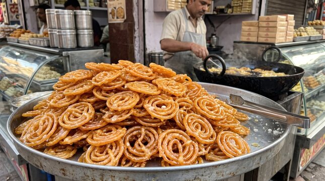 Traditional Indian jalebi sweets displayed at a street market, featuring crispy golden spiral pastries soaked in sugar syrup. Indian street food, sweet dessert preparation and local culinary culture.