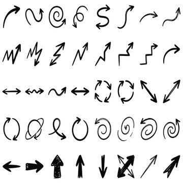 Hand drawn arrows set vector illustration with black sketchy pointers and doodle design elements