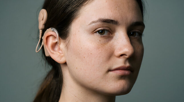 Young woman wearing cochlear implant hearing aid device on ear