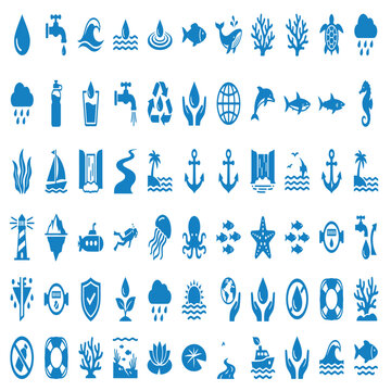 Blue water and marine life vector icons set featuring sea animals and ecology symbols