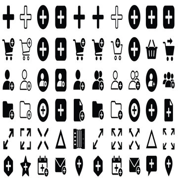 Set of black and white vector user interface icons featuring add symbols and arrows
