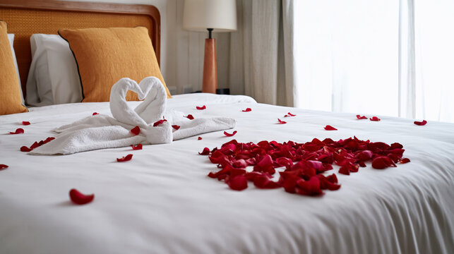 Romantic hotel room with heart-shaped towels and rose petals on bed