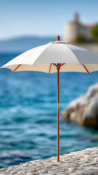 Beachside white umbrella on rocky shore with ocean in background