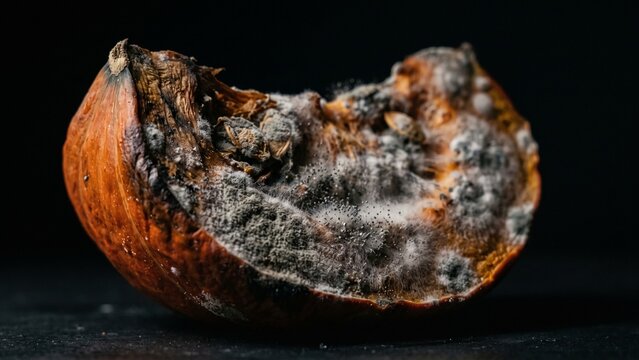 Leftover pumpkin wedge with the flesh completely covered in white and grey mold spores. Moody artistic food decay with dark lighting.