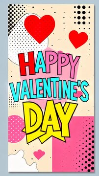 Retro vintage style Happy valentines day vertical video animation text with floating red and pink hearts featuring colorful comic style graphic for romantic social media Instagram story post Design