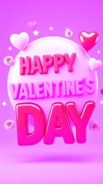 Happy valentines day vertical video animation, greeting motion graphics with 3d pink typography floating with glossy heart balloons on vibrant background for valentines social media Instagram story