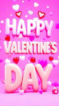 Happy Valentines Day dynamic vertical animation video motion graphic with 3D text and animated heart shapes on pink background for valentines animated social media Instagram story post design