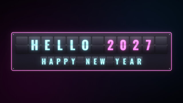 Hello 2027 split-flap board with glowing cyan letters and magenta neon frame