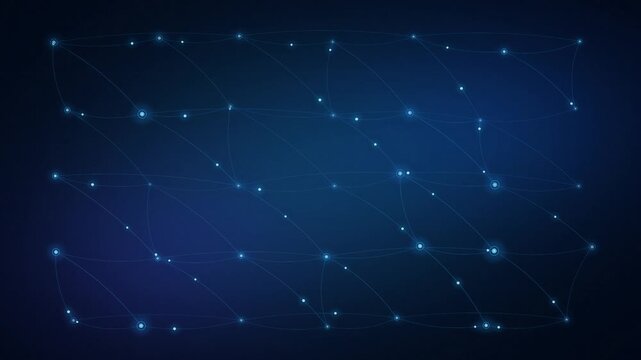 Abstract artificial intelligence neural network animation with glowing nodes, connected data lines and moving light pulses on a dark blue digital background.