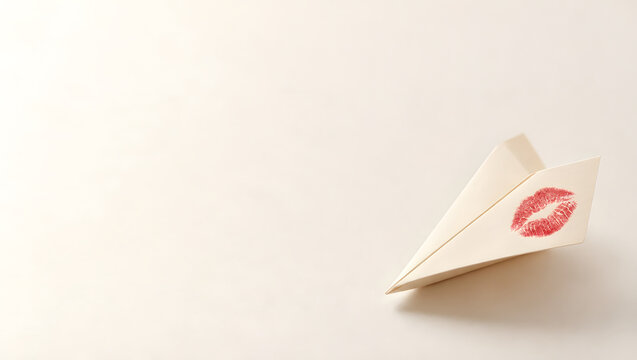 Paper airplane with a kiss mark on it on a light background  