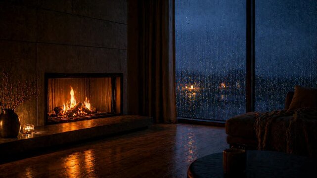 Cozy fireplace ambiance on a rainy night in a modern living room
