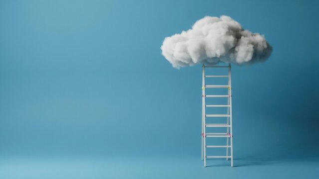 A white ladder reaching up to a fluffy cloud against a blue background. Ideal for success and ambition concepts in business.