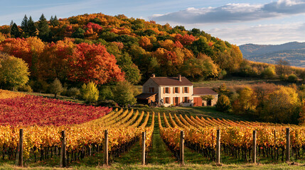 Fototapeta premium a serene countryside scene during autumn. A quaint, twostory house with a redtiled roof and white walls is nestled among a lush vineyard. The vineyard is bordered by rows of grapevines.