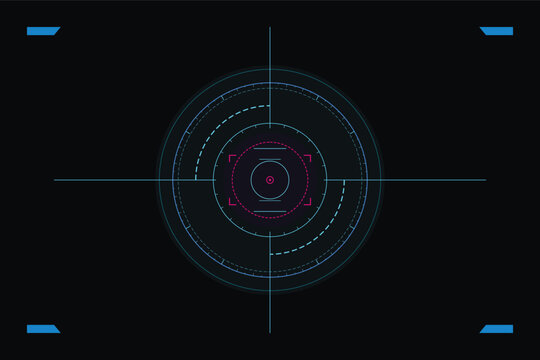 Futuristic user interface HUD target crosshair, circular radar compass, tactical military aiming display, and cyber