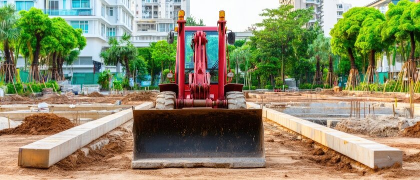 Bright orange skid steer loader on dirt lot with attached bucket and background trees in cinematic light