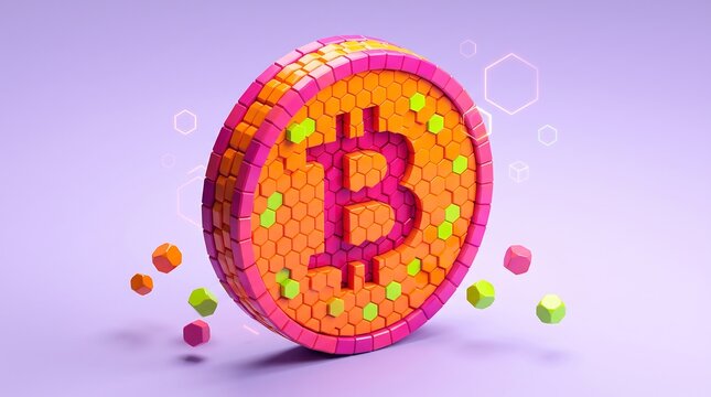 3D stylized bitcoin symbol composed of colorful hexagonal blocks for graphic resources on a purple background