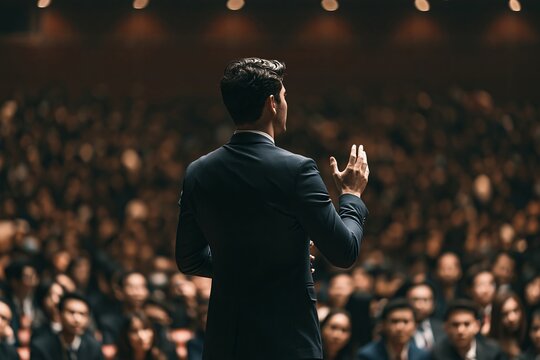 Businessman delivering a motivational presentation on a stage to a large blurred audience