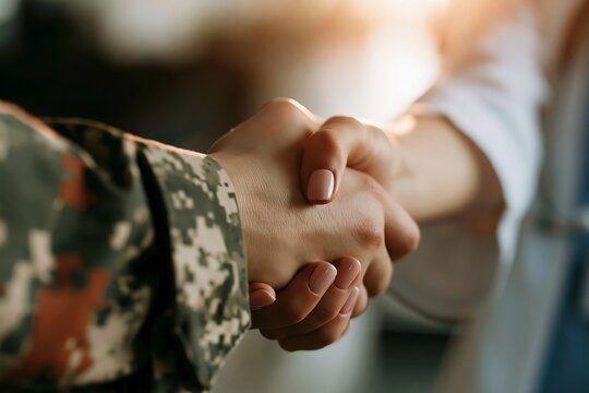 Close-up of a soldier in camouflage uniform shaking hands with a person in medical attire indoors