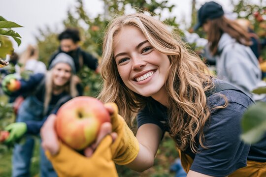 Cheerful young woman holding a freshly picked red apple in an outdoor fruit orchard