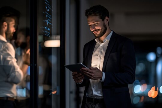 Confident businessman using digital tablet while working late at night in modern dark office