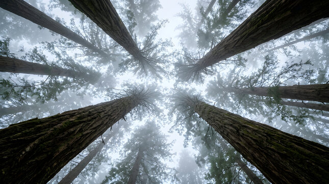 Low Angle View of Tall Redwood Trees in Foggy Canopy