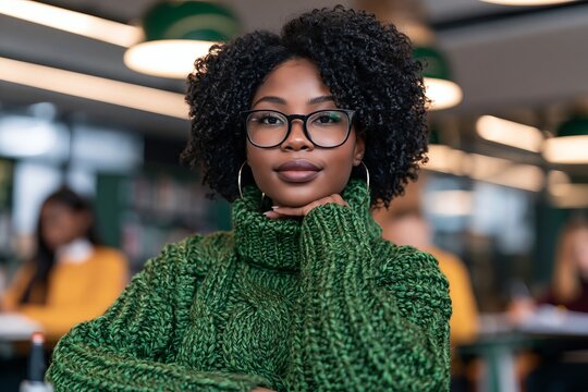 Confident young african american woman wearing glasses and green sweater in library office