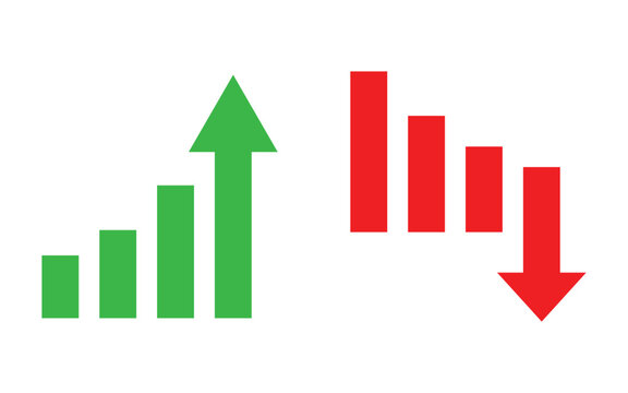 Green rising bar chart and red falling bar chart with arrows